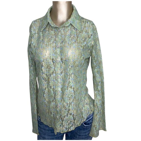 20X Women Medium Blouse Top Button up Y2K Buffy Lace Floral Flare Sleeve - Picture 1 of 6